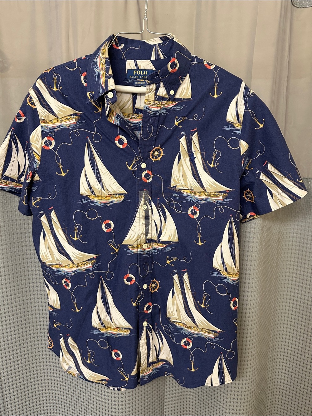 Polo by Ralph Lauren Navy Sailboat Print Short-Sleeve Button-Down Shirt